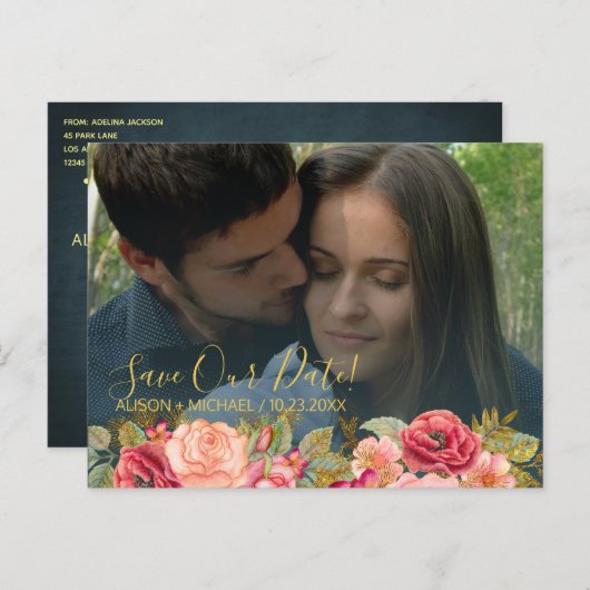 ピンクエレガント色のネイビー救金ゴールド結婚写真の日付 案内ポストカード (正面/裏面)