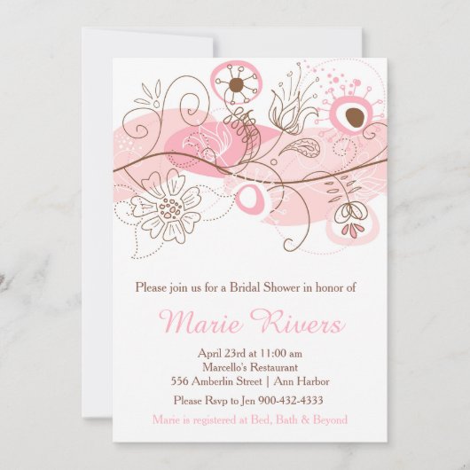 ピンクエレガント色のフローラツイストブライダルシャワー 招待状 (正面)