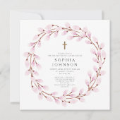 ピンクエレガント色の宗教十字洗礼 招待状 (正面)