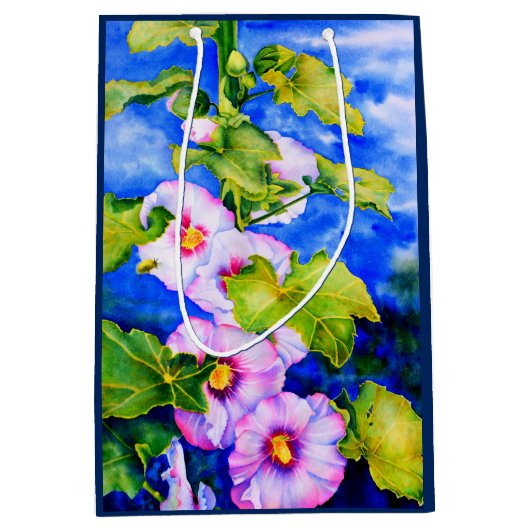 ピンクエレガント色の白い水彩フローラ園 ミディアムペーパーバッグ (正面)