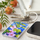 ピンクエレガント色の白い水色の花模様葵 キーホルダー (正面右)