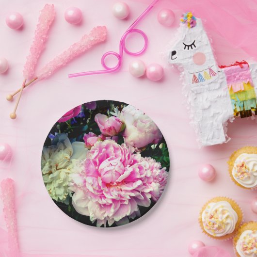 ピンクエレガント色の白い牡丹フローラ園写真 ペーパープレート (パーティー)