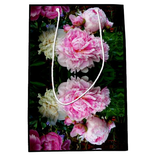 ピンクエレガント色の白い牡丹フローラ園写真 ミディアムペーパーバッグ (正面)