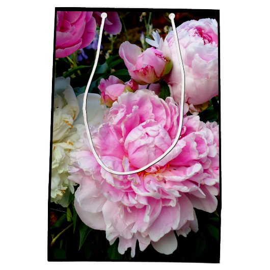 ピンクエレガント色の白い牡丹フローラ園写真 ミディアムペーパーバッグ (裏面)