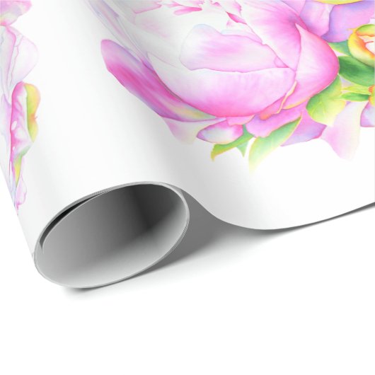 ピンクエレガント色の白い牡丹フローラ水色 ラッピングペーパー (ロールコーナー)
