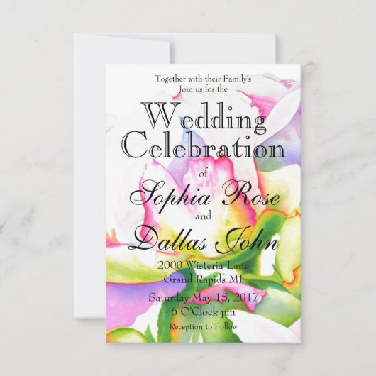 ピンクエレガント色の白い牡丹フローラ水色 招待状 (正面)