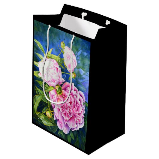 ピンクエレガント色の白色クラシックフローラ ミディアムペーパーバッグ (裏面アングル)