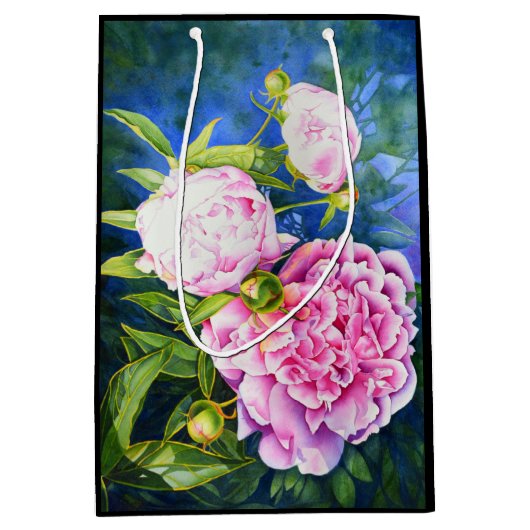 ピンクエレガント色の白色クラシックフローラ ミディアムペーパーバッグ (正面)