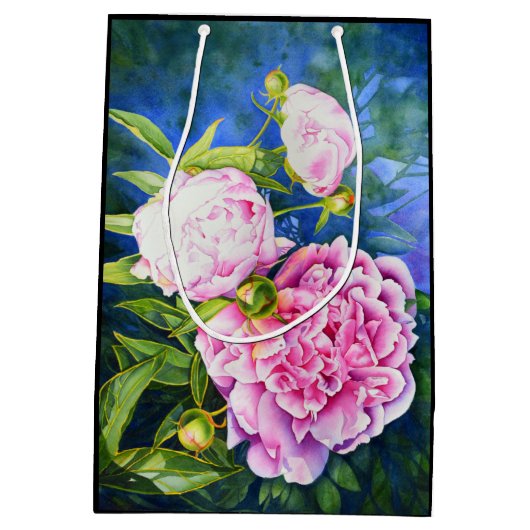 ピンクエレガント色の白色クラシックフローラ ミディアムペーパーバッグ (裏面)