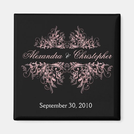 ピンクエレガント色の花の渦巻きが日付の結婚2を保存 マグネット (正面)