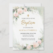 ピンクエレガント色の花緑の洗礼 招待状 (正面)