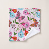 ピンクエレガント色の赤い花と蝶 バスタオルセット (ウォッシュタオル)