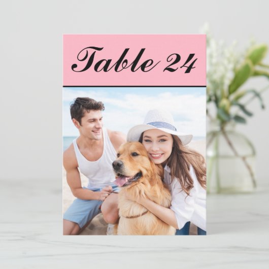 ピンクエレガント色の黒いペット結婚の写真のテーブル番号 招待状 (スタンド正面)