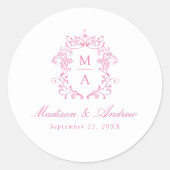 ピンクエレガント色チノイスリークレストモノグラム結婚ズ ラウンドシール (正面)