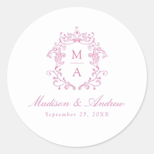 ピンクエレガント色チノイスリークレストモノグラム結婚ズ ラウンドシール (正面)