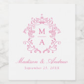 ピンクエレガント色チノイスリークレストモノグラム結婚ズ ワインラベル (シングルラベル)