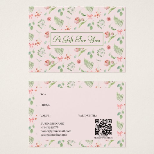 ピンクエレガント花柄フェスティバルギフトカード (正面&裏面)