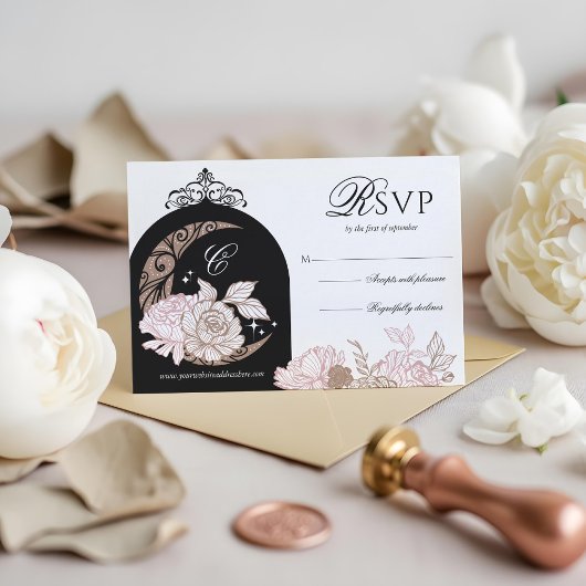 ピンクエレガント花模様ムーンスターズTiaraキンセアニラ 出欠カード