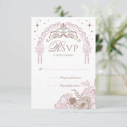 ピンクエレガント花模様ムーンスターズTiaraキンセアニラ 出欠カード (スタンド正面)