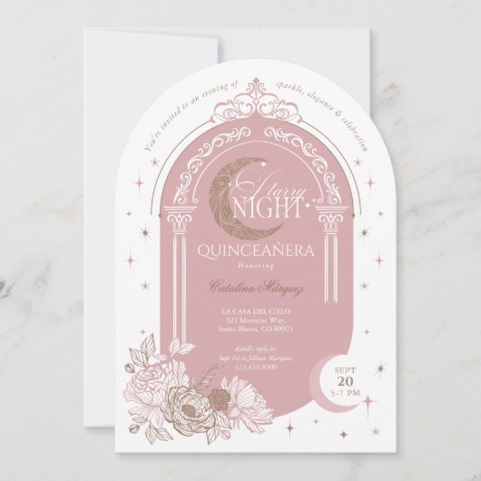 ピンクエレガント花模様ムーンスターズTiaraキンセアニラ 招待状 (正面)