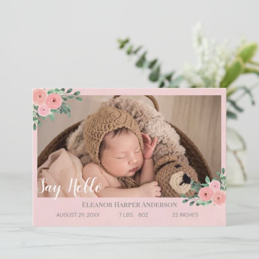 ピンクエレガント花模様写真誕生のお知らせ 案内状 (スタンド正面)