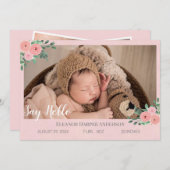 ピンクエレガント花模様写真誕生のお知らせ 案内状 (正面/裏面)
