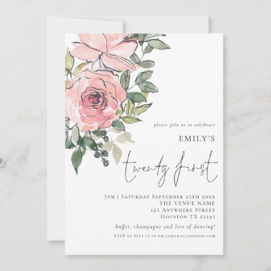 ピンクエレガント花模様21歳の誕生日パーティー 招待状 (正面)