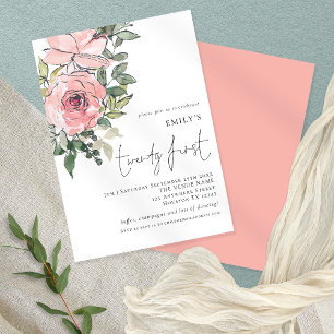 ピンクエレガント花模様21歳の誕生日パーティー 招待状