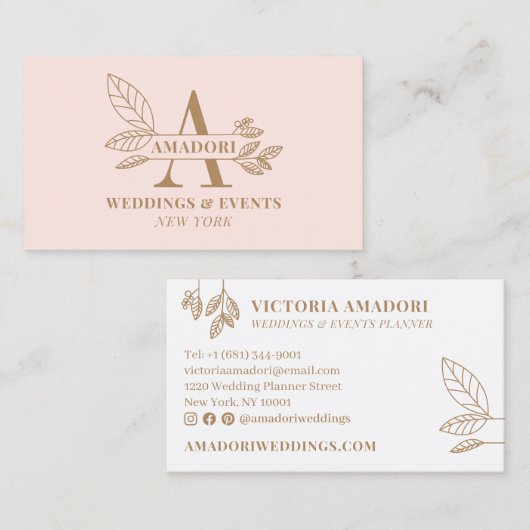 ピンクエレガント茶色のフローラモダンイニシャルモノグラム 名刺 (正面/裏面)