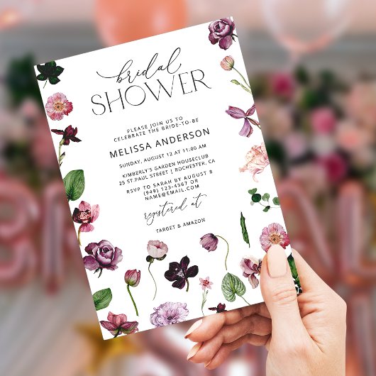 ピンクエレガント薄紫フラワーブライダルシャワー招待 招待状