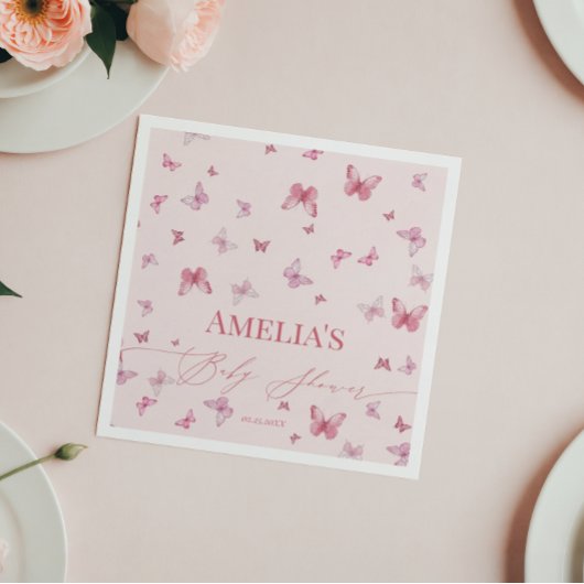 ピンクエレガント蝶の赤ちゃんシャワーナプキン スタンダードカクテルナプキン