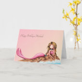 ピンクエレガント誕生日のカスタマイズ可能な人魚 カード (黄色い花)