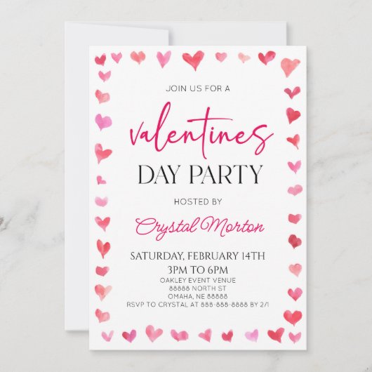 ピンクエレガント赤いハートバレンタインデーパーティー 招待状 (正面)