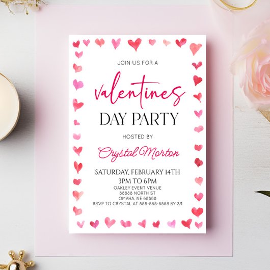 ピンクエレガント赤いハートバレンタインデーパーティー 招待状