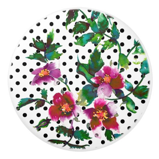 ピンクエレガント赤マゼンタウォーターバラ水玉模様 セラミックノブ (正面)