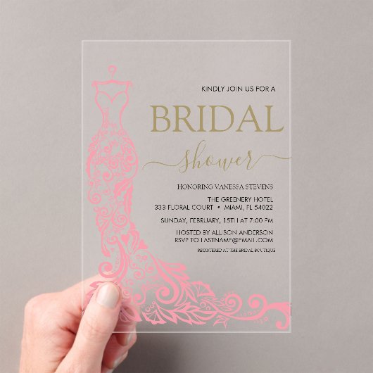 ピンクエレガント赤面ガウンブライダルシャワー アクリル招待状 (インサイチュ (ポータブル))