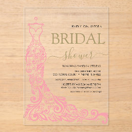 ピンクエレガント赤面ガウンブライダルシャワー アクリル招待状
