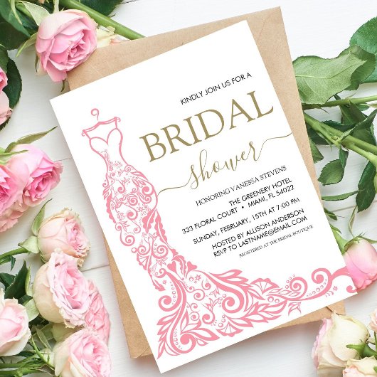 ピンクエレガント赤面ガウンブライダルシャワー 招待状