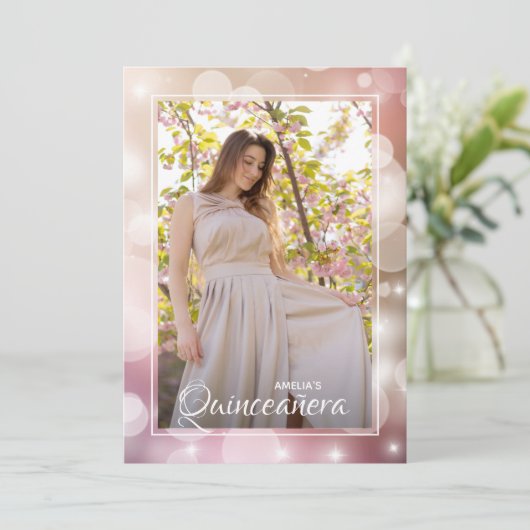 ピンクエレガント赤面キンセアニラ写真 招待状 (スタンド正面)