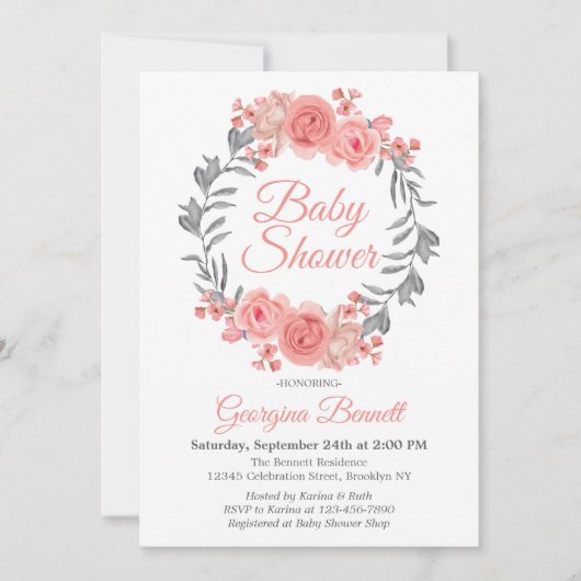 ピンクエレガント赤面グレーフローラリースベビーシャワー 招待状 (正面)