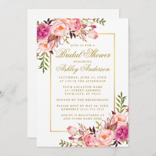 ピンクエレガント赤面バラブライダルシャワー金ゴールドスクリプト 招待状 (正面/裏面)