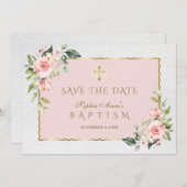 ピンクエレガント赤面フラワークロスガールバプテスマ セーブザデート (正面/裏面)