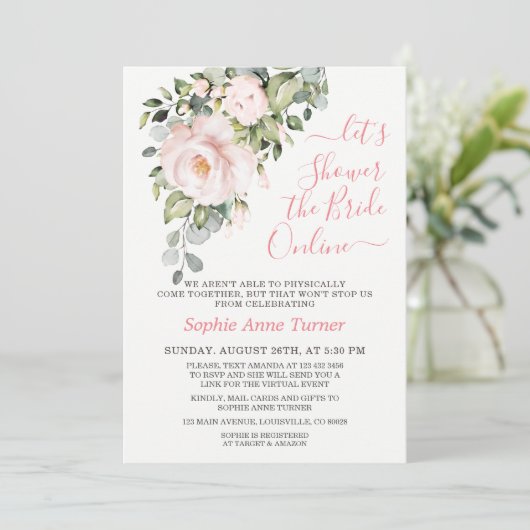 ピンクエレガント赤面フラワーバーチャルブライダルシャワー 招待状 (スタンド正面)