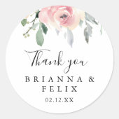 ピンクエレガント赤面フローラありがとう結婚式の引き出物 ラウンドシール (正面)