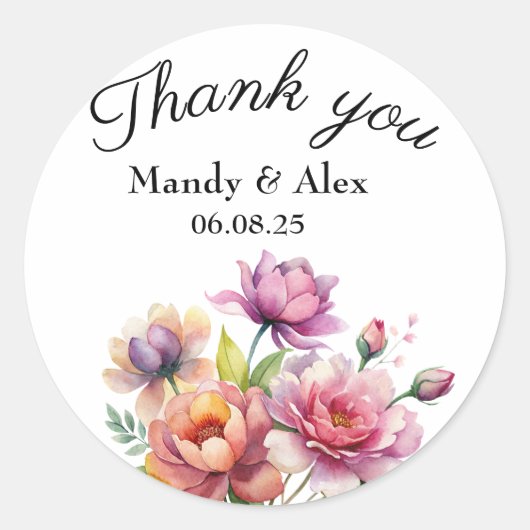 ピンクエレガント赤面フローラありがとう結婚式の引き出物 ラウンドシール (正面)