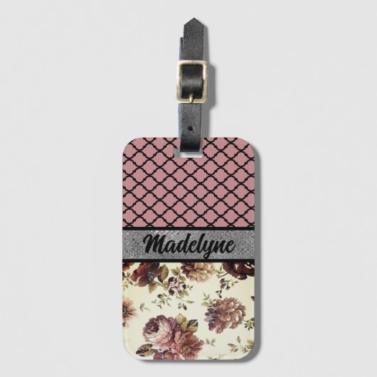 ピンクエレガント赤面フローラクローバーパーソナライズされた ラゲッジタグ (正面縦)