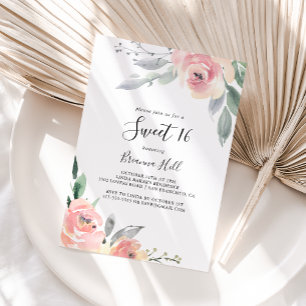 ピンクエレガント赤面フローラスウィート16誕生日パーティー 招待状