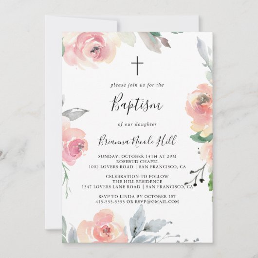 ピンクエレガント赤面フローラバプテスマ 招待状 (正面)