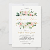 ピンクエレガント赤面フローラフレーム金ゴールドブライダルシャワー 招待状 (正面)