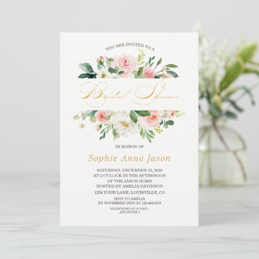 ピンクエレガント赤面フローラフレーム金ゴールドブライダルシャワー 招待状 (スタンド正面)